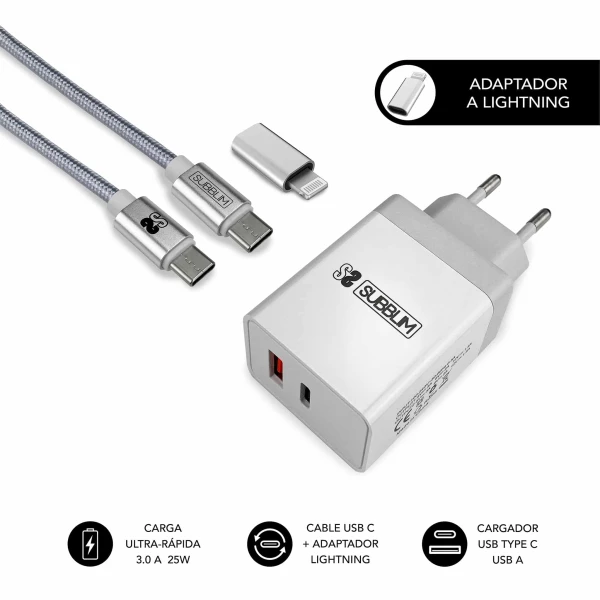 Thumbnail-Carregador de parede Subblim 25W – 2 portas (USB C + USB A) – Carregamento ultra rápido – Cabo USB C de alto desempenho – Exterior em fibra de nylon – Comprimento 1m – Cor Branco