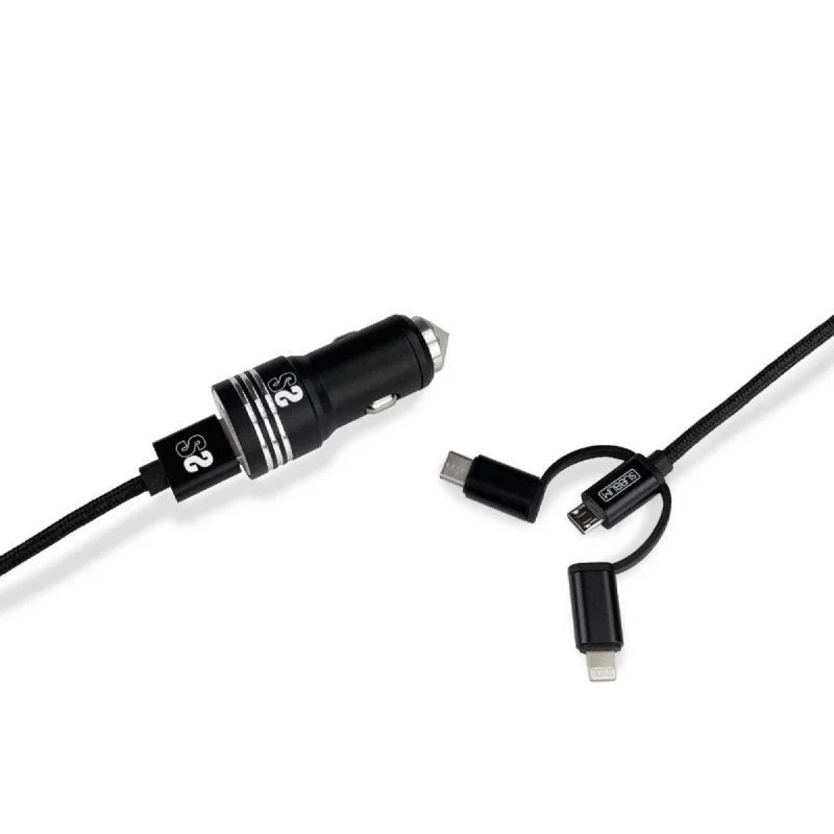 Thumbnail-Carregador de carro USB duplo Subblim – Comprimento 1m – Carregamento rápido até 2.400Amp/12W – Exterior em fibra de nylon resistente – Cor Preto