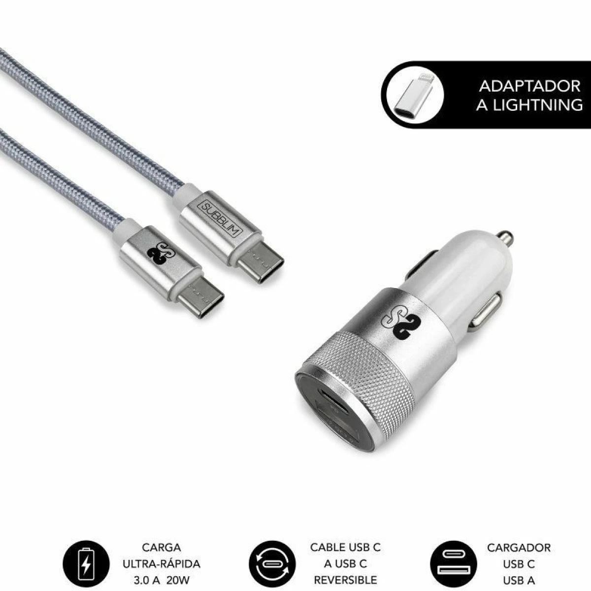 Thumbnail-Subblim Cargador Cargador Dual PD20W+QC3.0+C para C/Lightning cabo – 20W – Carregamento rápido simultâneo – Cabo USB C reversível – Cor Prata