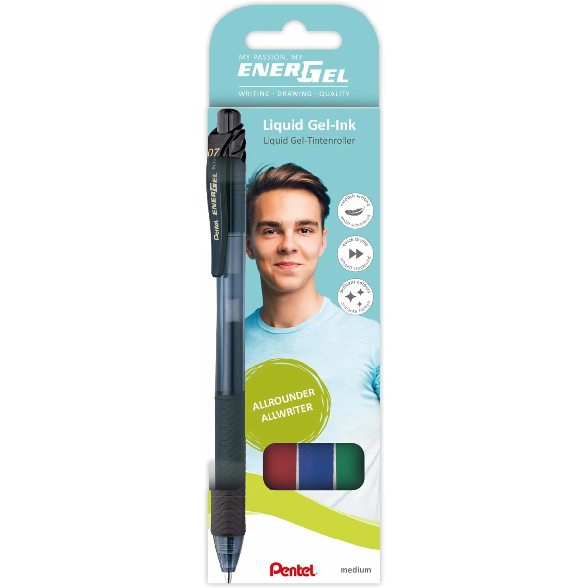 Thumbnail-Pentel EnerGel Pacote de 4 Canetas Esferográficas Retráteis Tinta Gel – Ponta 0,7mm – Curso 0,35mm – Recarregável – Punho – 50% Materiais Reciclados – Cores Sortidas