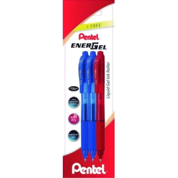 Thumbnail-Pentel EnerGel X Pacote de 3 canetas esferográficas retráteis de tinta gel – Ponta 0,7 mm – Curso 0,35 mm – Recarregável – Punho – 50% materiais reciclados – Cor 2x azul e 1x vermelho