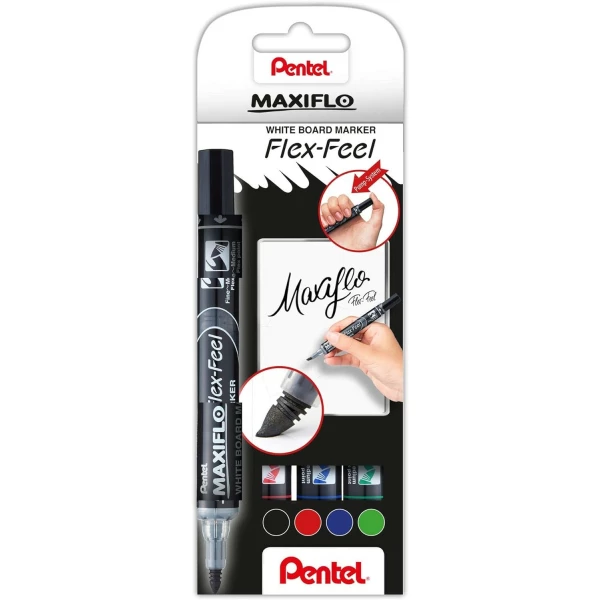 Thumbnail-Pacote Pentel Maxiflo Flex-Feel de 4 marcadores de quadro branco – ponta flexível 4,6 mm – dosagem de tinta por êmbolo – cores preto, azul, vermelho e verde