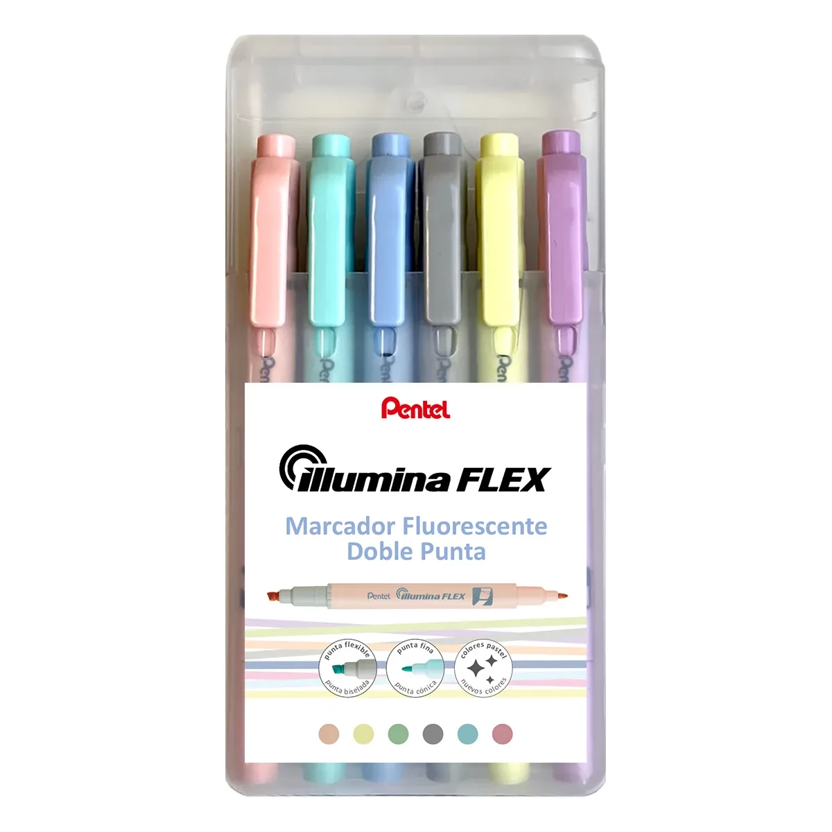 Thumbnail-Pentel Illumina Flex Pacote de 6 Marcadores Fluorescentes de Ponta Dupla – Traço chanfrado entre 1,5 a 3,5mm – Traço Cônico 1mm – Cores Amarelo, Cinza, Pêssego, Violeta, Verde Turquesa e Azul