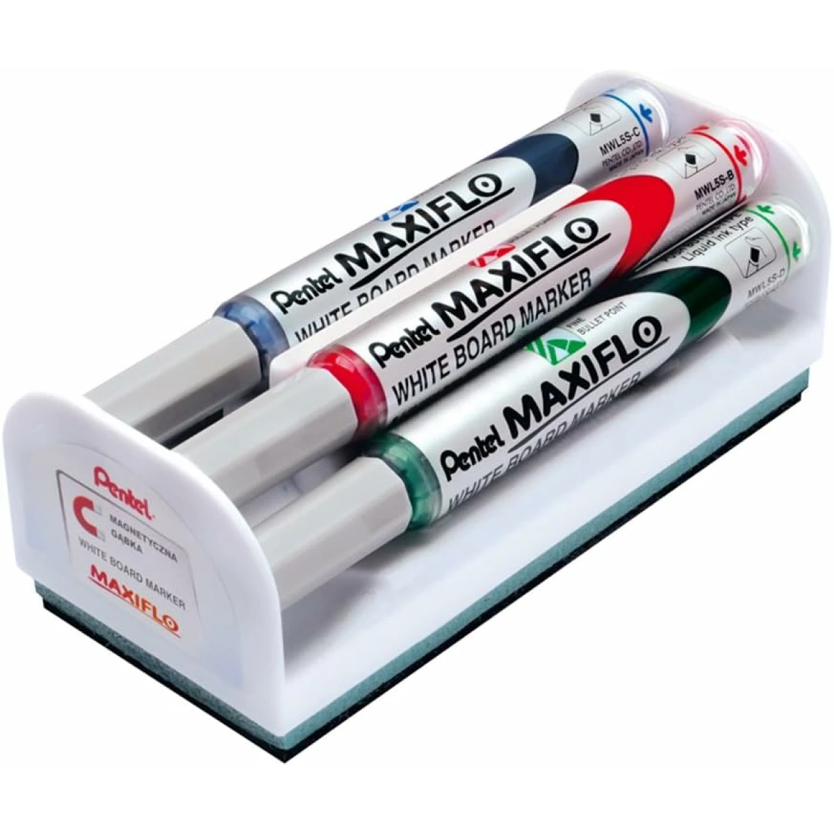 Thumbnail-Pentel Maxiflo Pacote de 4 marcadores de quadro branco + borracha magnética – ponta de bala – largura da linha 2 mm – regulação do fluxo de tinta – cores preto, azul, vermelho e verde