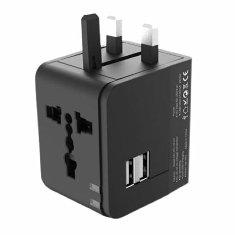 Thumbnail-Adaptador de viagem universal XO – Tensão 110V-240V – 2 portas USB 2.1Amp – Conexões para Reino Unido, UE, AU, EUA – Cor preta