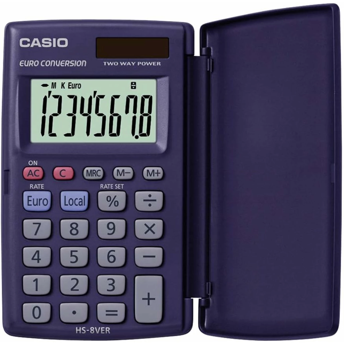 Thumbnail-Calculadora de bolso Casio HS-8VERA com capa – Visor LC extra grande de 8 dígitos – Função conversor de euro – Cor roxa