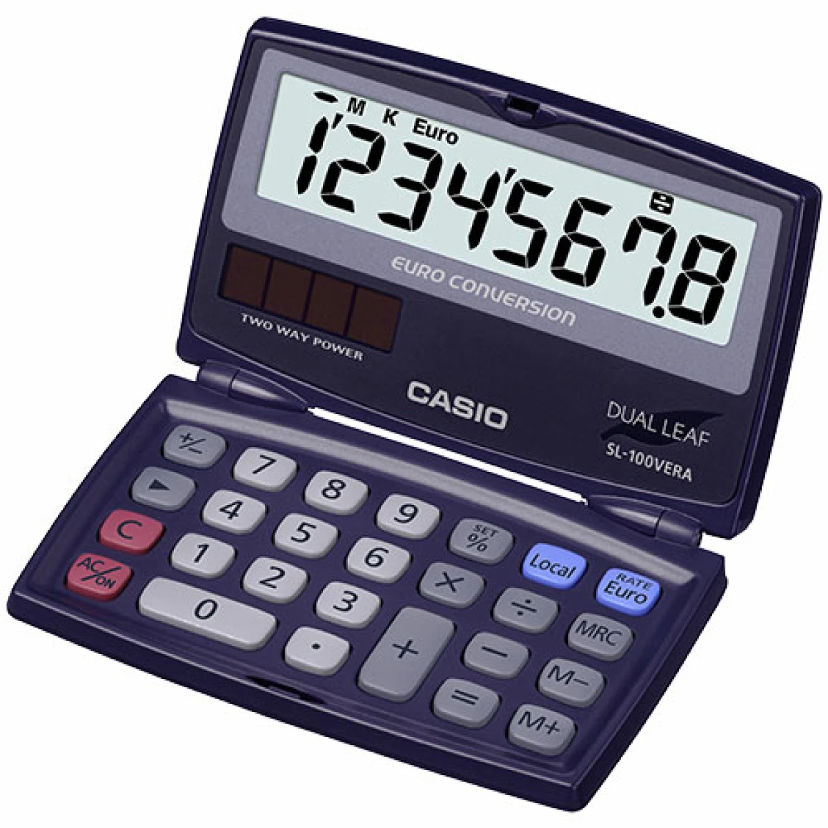 Thumbnail-Calculadora de bolso tipo concha Casio SL-100VERA – Tela LC extra grande de 8 dígitos – Função de conversor Euro – Cor azul escuro