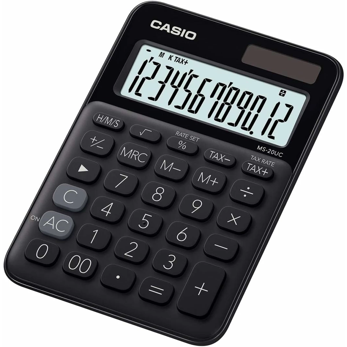 Thumbnail-Calculadora de sobremesa pequena Casio MS-20UC – Tela LCD de 12 dígitos – Energia solar e baterias – Cor preta