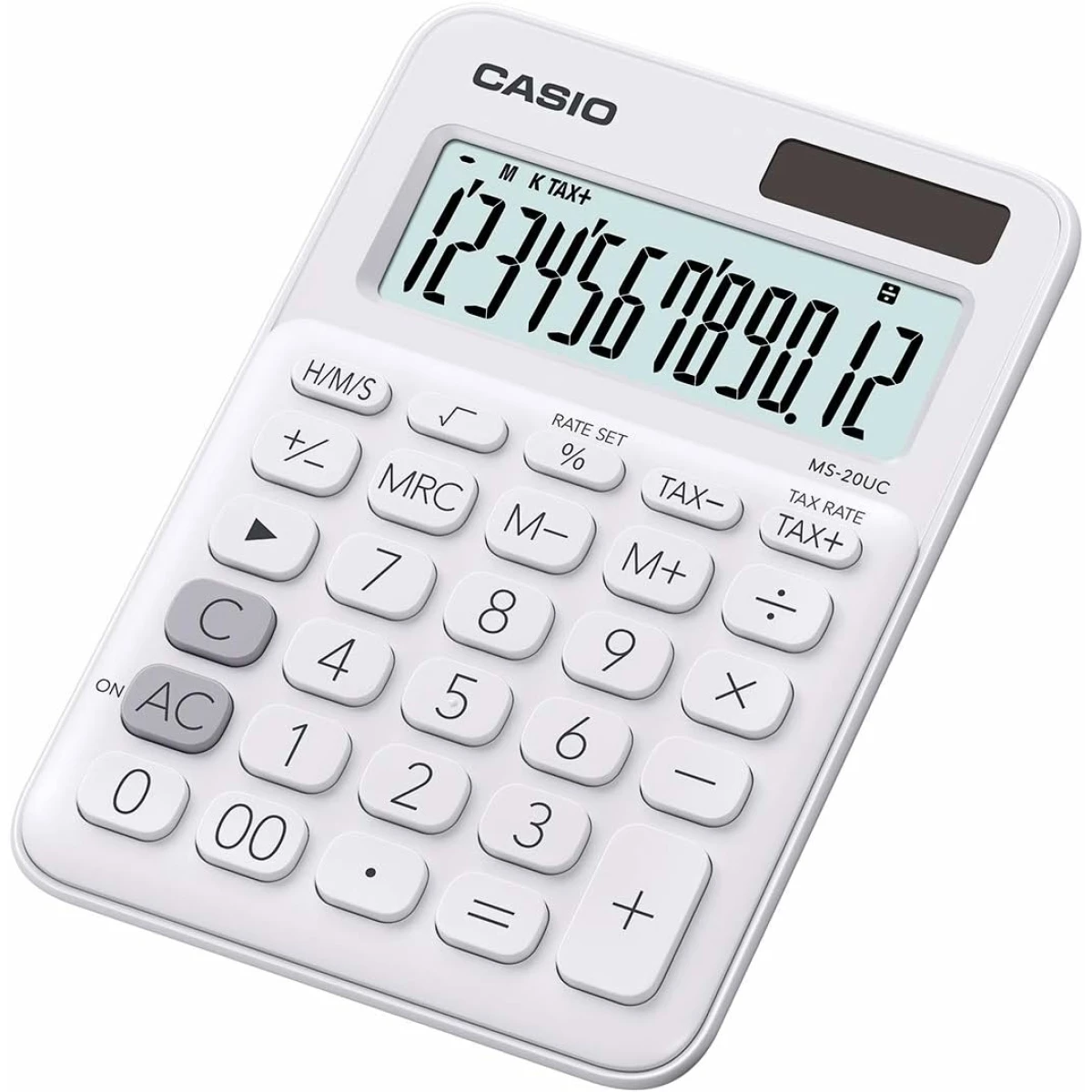 Thumbnail-Calculadora de sobremesa pequena Casio MS-20UC – Tela LCD de 12 dígitos – Energia solar e baterias – Cor branca