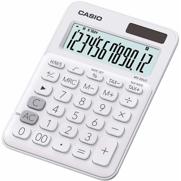 Thumbnail-Calculadora de sobremesa pequena Casio MS-20UC – Tela LCD de 12 dígitos – Energia solar e baterias – Cor branca