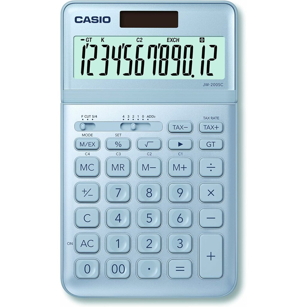 Thumbnail-Calculadora de sobremesa Casio JW-200SC – Tela LCD de 12 dígitos com inclinação ajustável – Energia solar e baterias – Cor azul claro