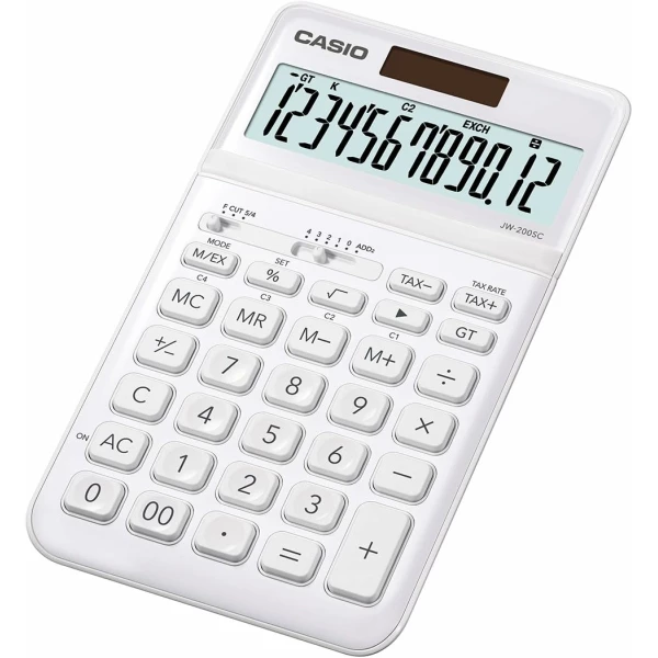 Thumbnail-Calculadora de sobremesa Casio JW-200SC – Tela LCD de 12 dígitos com inclinação ajustável – Energia solar e baterias – Cor branca