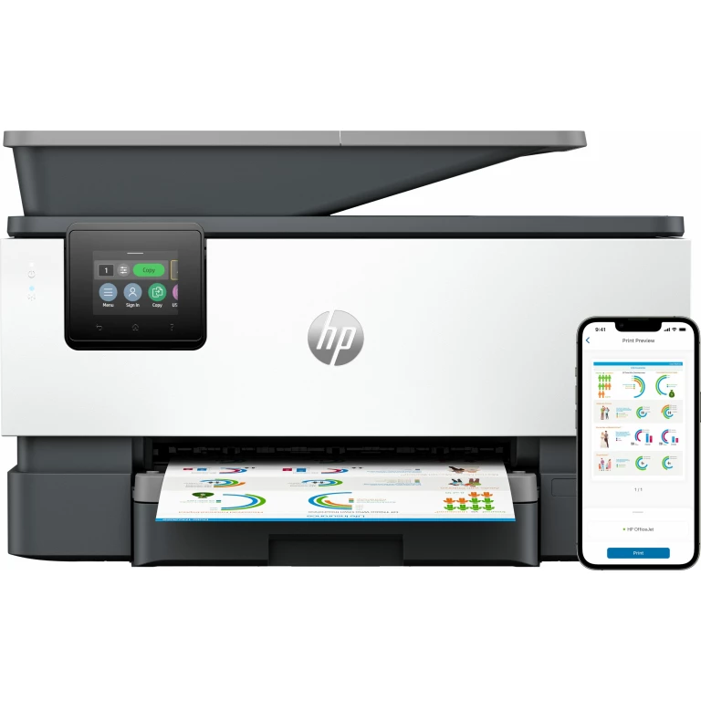 Thumbnail-HP OfficeJet Pro Multifunções 9120b, Cor, Impressora para Casa e escritório em casa, Impressão, cópia, digit., fax, Ligação sem fios; Impressão frente e verso; Digitalização frente e verso; Digitalizar para e-mail; Digitalização frente e verso; Fax; Porta USB frontal para unidade flash; Ecrã tátil; Impressão a partir do smartphone ou tablet; Alimentador automático de documentos (ADF)