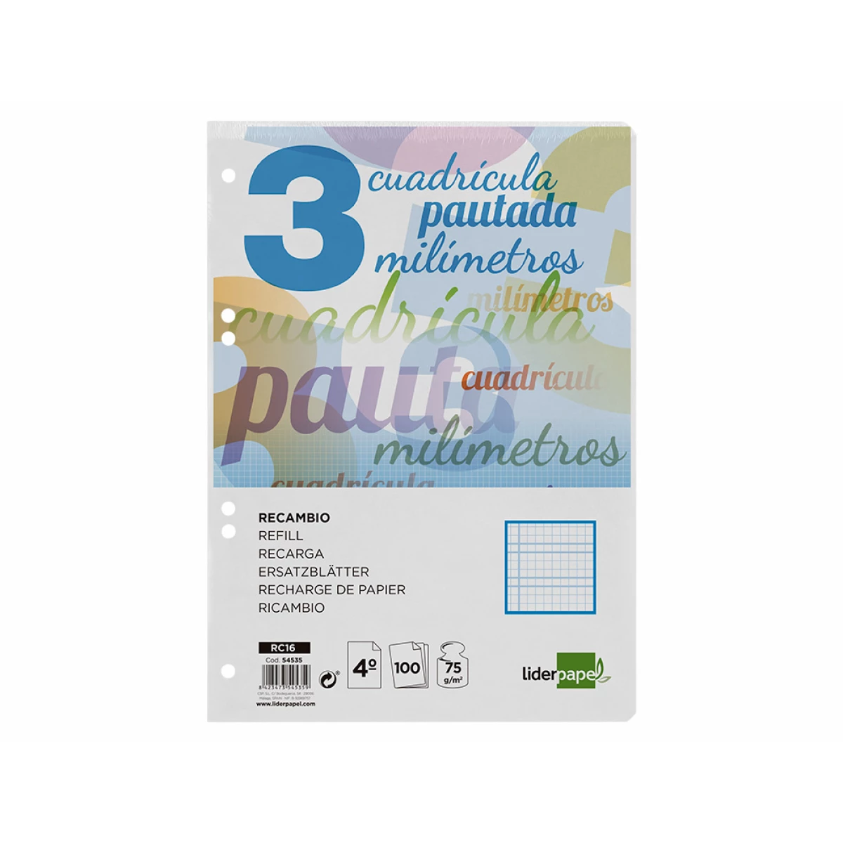 Galery – Recambio liderpapel cuarto 100 h cuadriculado pautado 3 mm 6 taladros 60 gr con margen0