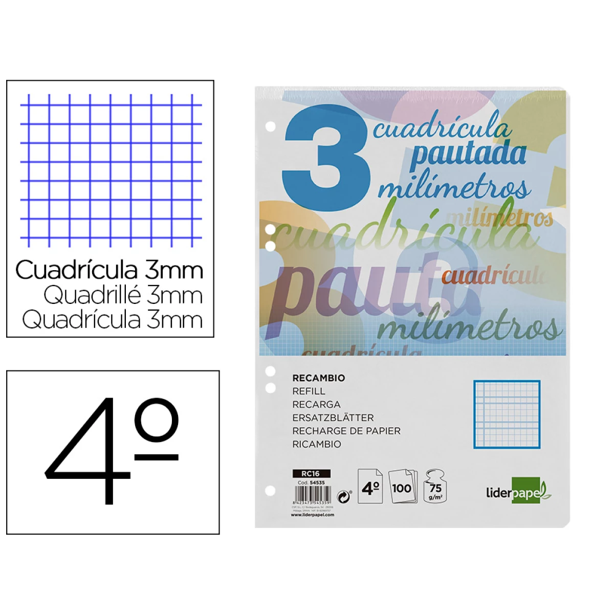 Thumbnail-Recambio liderpapel cuarto 100 h cuadriculado pautado 3 mm 6 taladros 60 gr con margen