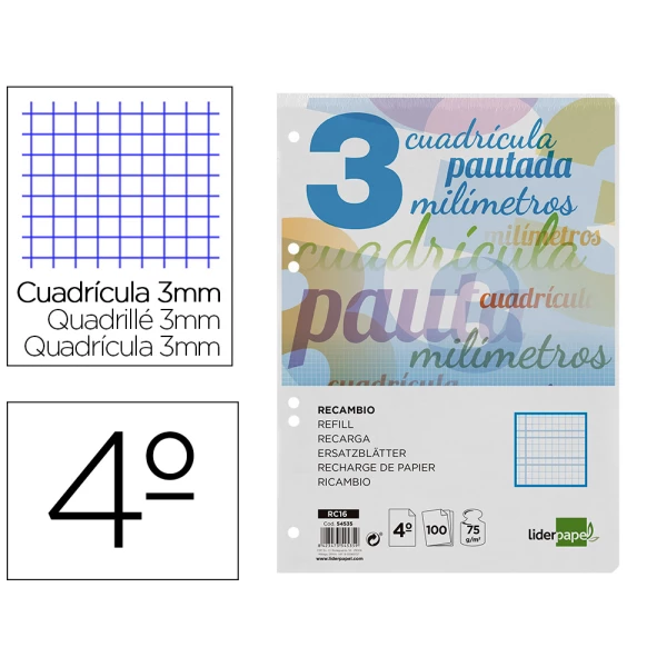 Thumbnail-Recambio liderpapel cuarto 100 h cuadriculado pautado 3 mm 6 taladros 60 gr con margen