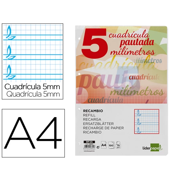 Thumbnail-Recambio liderpapel folio 100 h 4 taladros 70 gr cuadriculado pautado 5 mm con margen