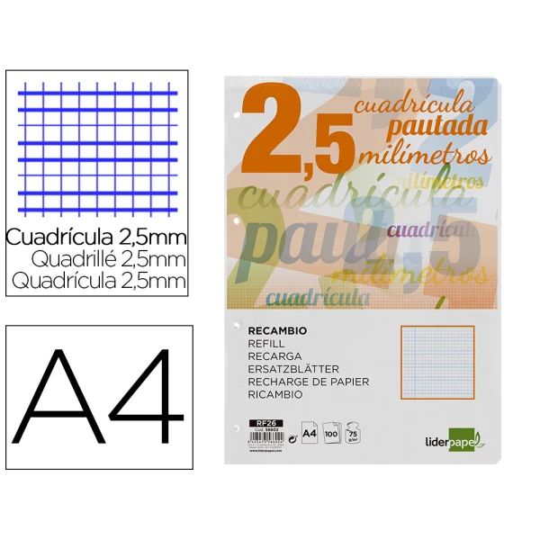 Thumbnail-Recambio liderpapel folio 100 h 4 taladros 70 gr cuadriculado pautado 2,5 mm con margen