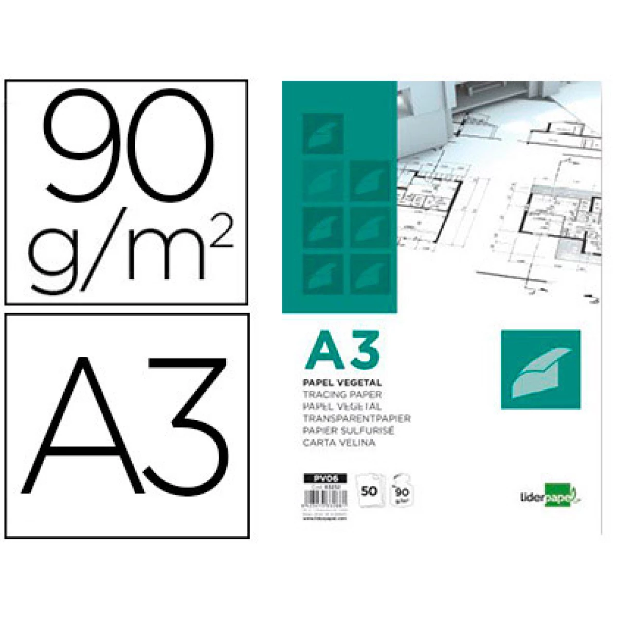 Thumbnail-Bloco de papel vegetal liderpapel colado 297x420mm 50 folhas 90 gr