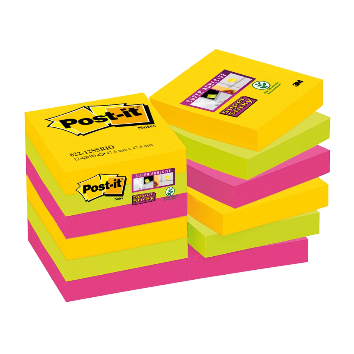 Galery – Bloco de notas adesivas post-it super sticky 47,6×47,6 mm com 90 folhas pack de 12 bloco cores sortidas0