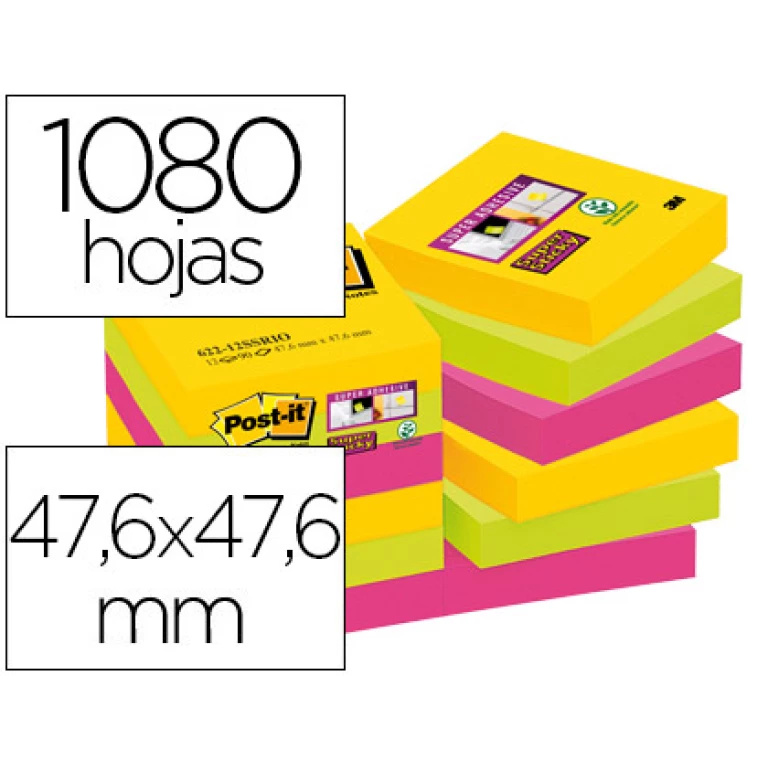 Thumbnail-Bloco de notas adesivas post-it super sticky 47,6×47,6 mm com 90 folhas pack de 12 bloco cores sortidas