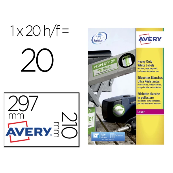 Thumbnail-Etiqueta adesiva avery poliester branco 210 x 297 mm laser pack de 20 unidades