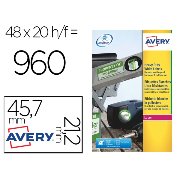 Thumbnail-Etiqueta adesiva avery poliester prata 45,7 x 21,2 mm laser pack de 960 unidades