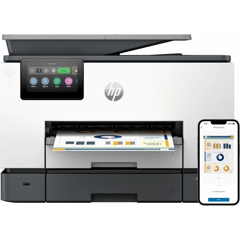 Thumbnail-HP OfficeJet Pro Multifunções 9130b, Cor, Impressora para Pequenas e médias empresas, Impressão, cópia, digit., fax, Ligação sem fios; Impressão a partir do smartphone ou tablet; Alimentador automático de documentos (ADF); Impressão frente e verso; Digitalização frente e verso; Digitalizar para e-mail; Digitalizar para PDF; Fax; Porta USB frontal para unidade flash; Ecrã tátil