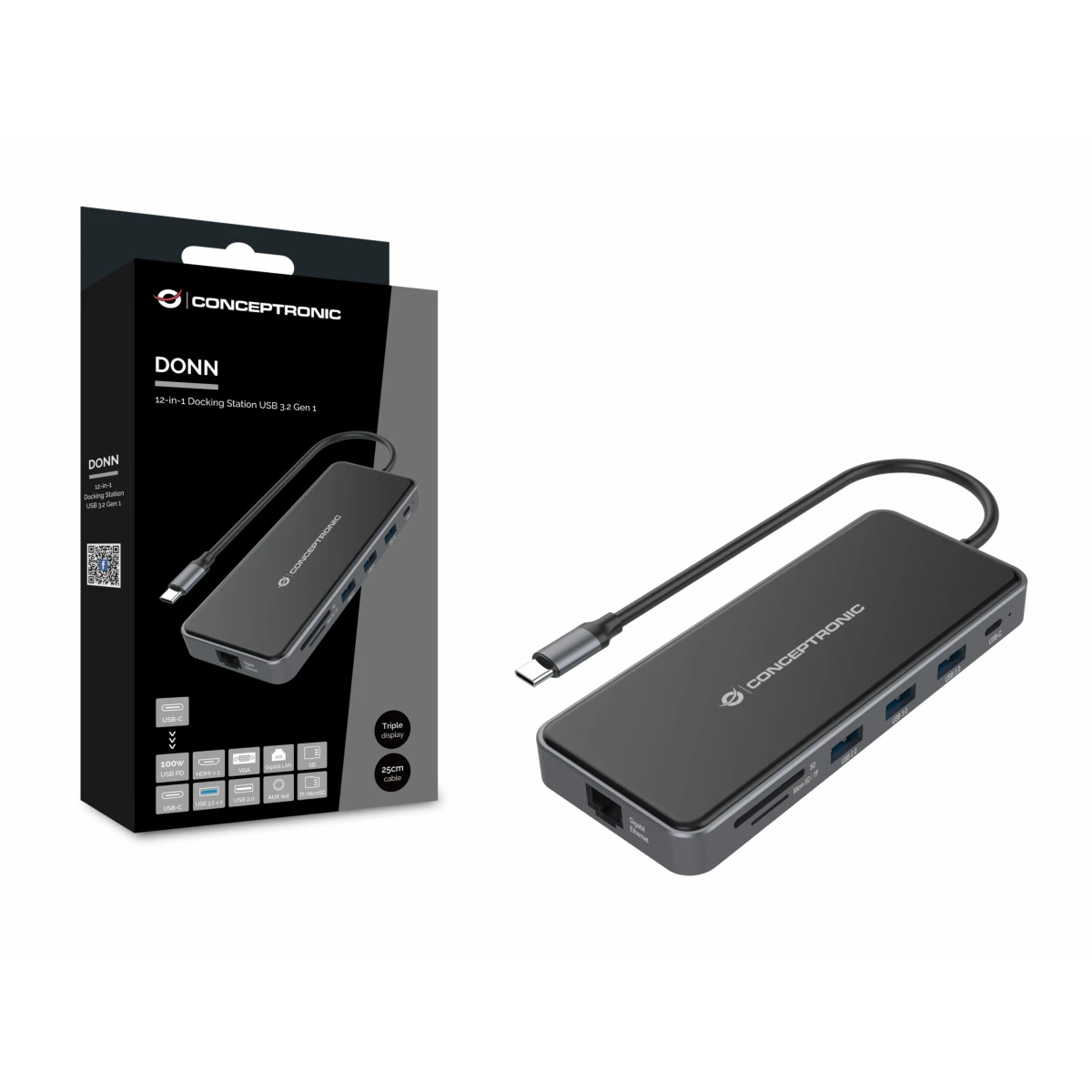 Galery – Conceptronic DONN15G base & duplicador de portas Com fios USB 3.2 Gen 1 (3.1 Gen 1) Type-C Cinzento0