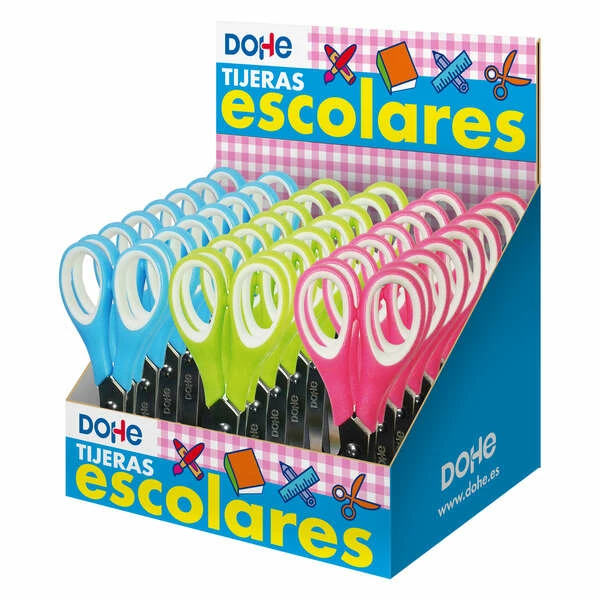 Thumbnail-Expositor Dohe de 24 Tesouras Escolares 125mm – Lâminas de Aço Inoxidável – Pontas Arredondadas – Cabo Ergonômico de Plástico e Borracha – Cores Sortidas