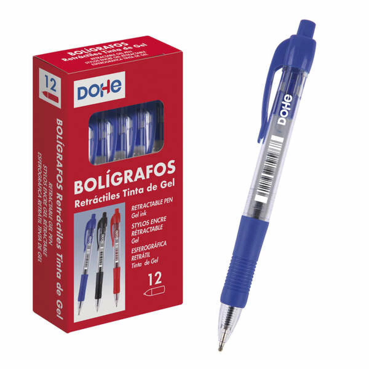 Thumbnail-Canetas retráteis de tinta gel permanente Dohe – Ponta esferográfica de 0,7 mm – Curso de 0,4 mm – Resistente à água – Corpo de plástico – Punho de borracha – Caixa com 12