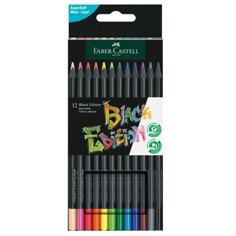 Thumbnail-Pacote de 12 lápis de cor Faber-Castell Black Edition – Chumbo supermacio – Madeira preta – Ideal para desenhar em papéis claros, escuros e coloridos – Cores sortidas