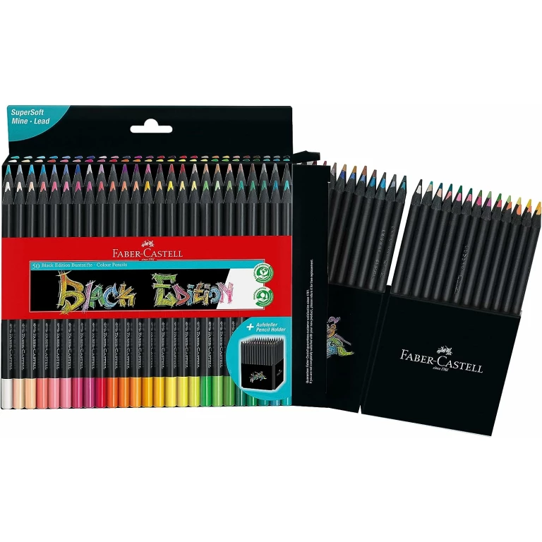 Thumbnail-Pacote de 50 lápis de cor Faber-Castell Black Edition – Chumbo supermacio – Madeira preta – Ideal para desenhar em papéis claros, escuros e coloridos – Cores sortidas