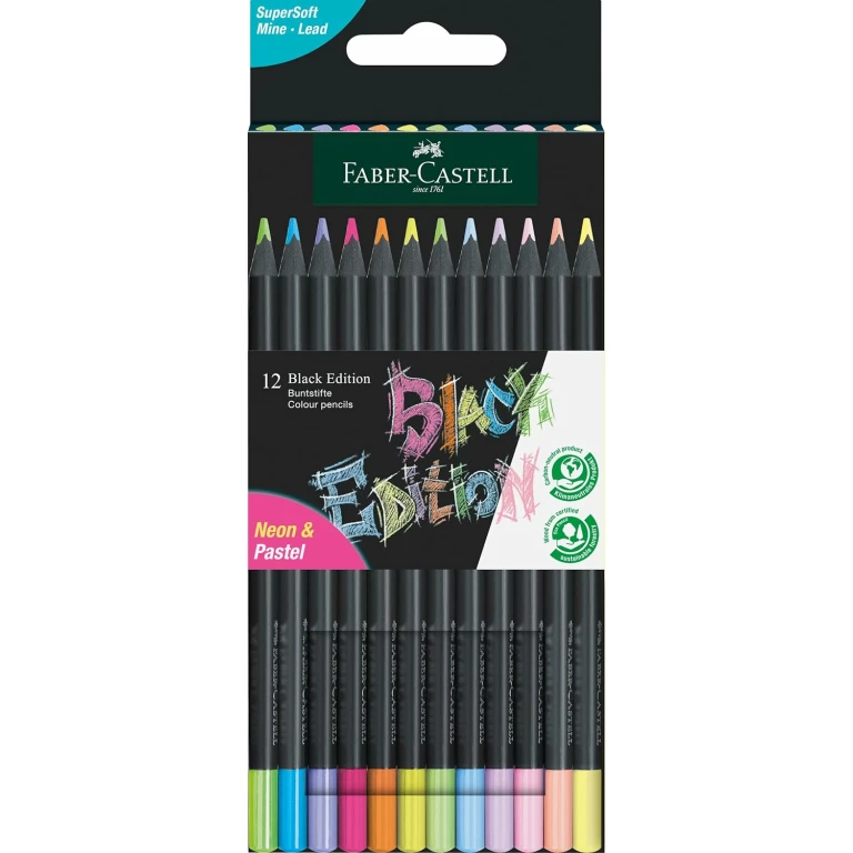 Thumbnail-Faber-Castell Black Edition Pacote de 12 lápis de cor Neon + Pastel – Chumbo supermacio – Madeira preta – Ideal para desenhar em papel claro, escuro e colorido – Cores sortidas