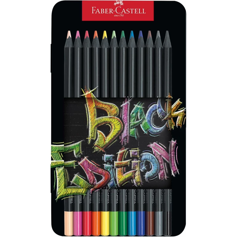 Thumbnail-Caixa de metal Faber-Castell Black Edition com 12 lápis de cor – Chumbo supermacio – Madeira preta – Ideal para desenhar em papéis claros, escuros e coloridos – Cores sortidas