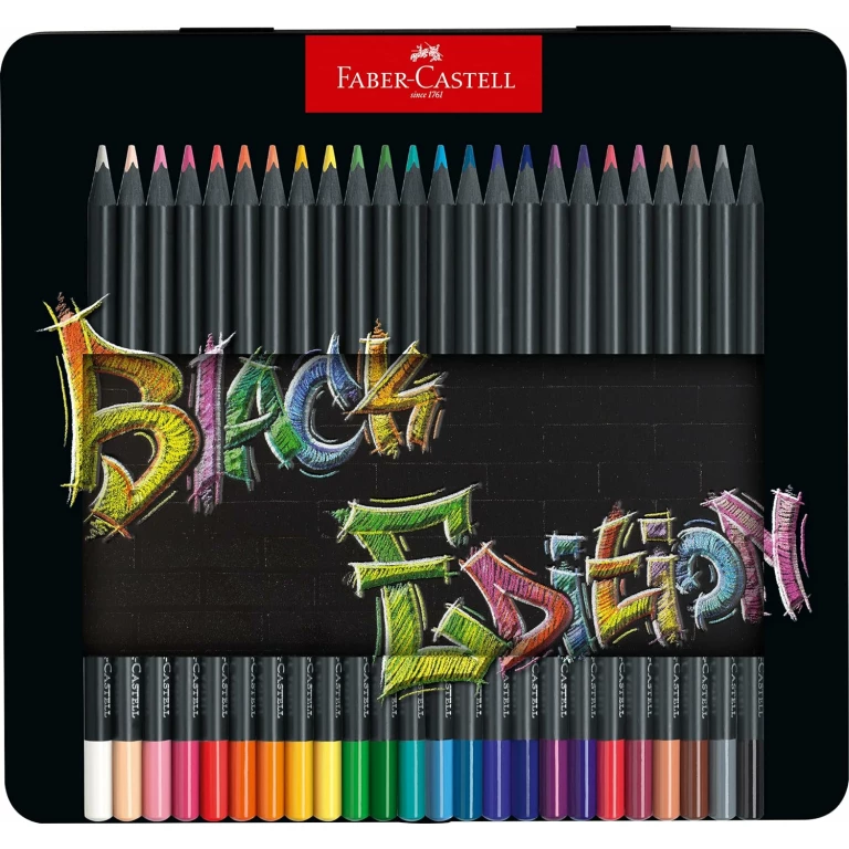 Thumbnail-Caixa de metal Faber-Castell Black Edition com 24 lápis de cor – Chumbo supermacio – Madeira preta – Ideal para desenhar em papéis claros, escuros e coloridos – Cores sortidas