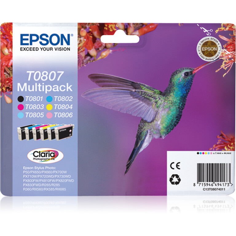 Thumbnail-Epson Hummingbird Multipack de 6 cores T0807 Tinta Claria Photographic (c/alarme RF+AM)