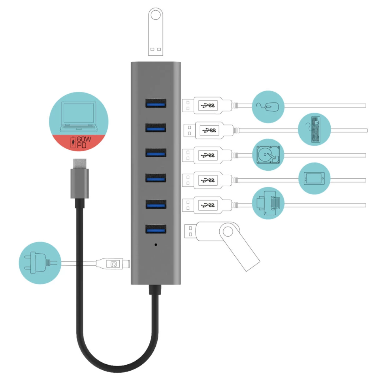 Galery – i-tec C31HUBMETAL703 hub de interface USB 3.2 Gen 1 (3.1 Gen 1) Type-C 5000 Mbit/s Cinzento0