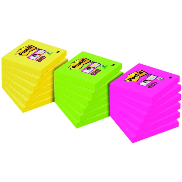 Thumbnail-Bloco de notas adesivas post-it super stick 76×76 mm amarelo rosa e verde pack de 15+3 gratis