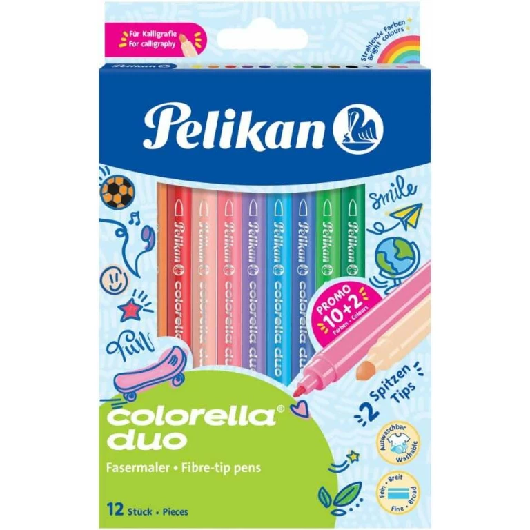 Thumbnail-Pelikan Caixa de 12 Marcadores Escolares Colorella Duo C407 10+2 Cores – Ponta Dupla Fina 1mm e Grossa 2mm – Lavável