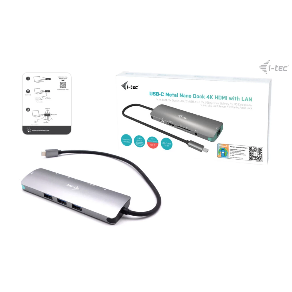 Galery – i-tec Metal C31NANODOCKLANPD base & duplicador de portas Com fios USB 3.2 Gen 1 (3.1 Gen 1) Type-C Prateado, Turquesa0