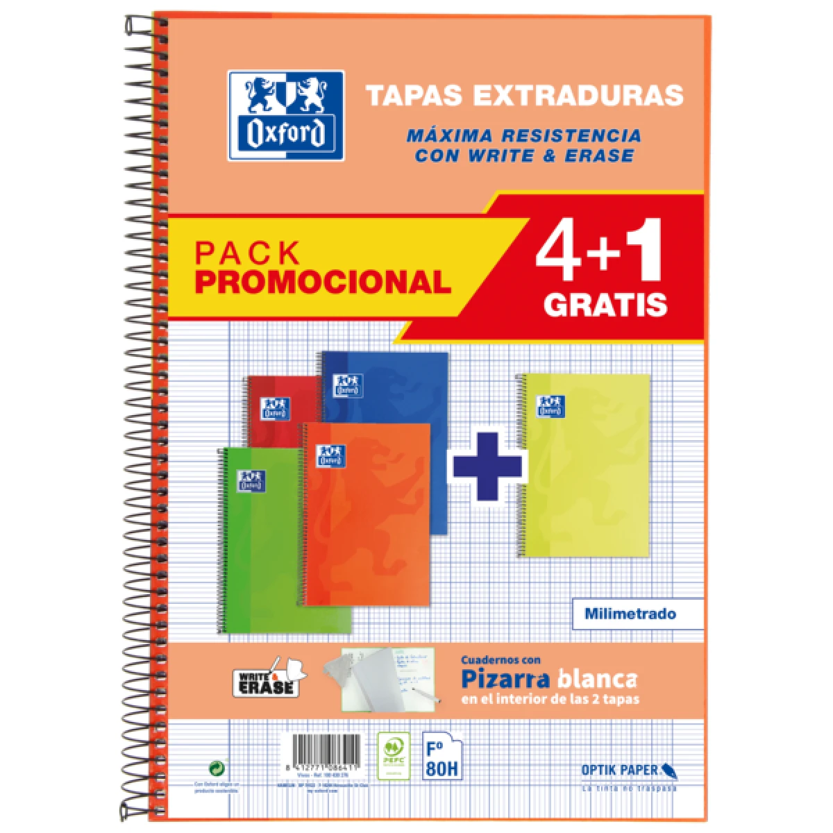 Thumbnail-Oxford School Classic Write&Erase Pack 4+1 Fº – Capa Cuaderno Spiral Extradura – Milimetrada com Margem – 80 Folhas – Cores Sortidas