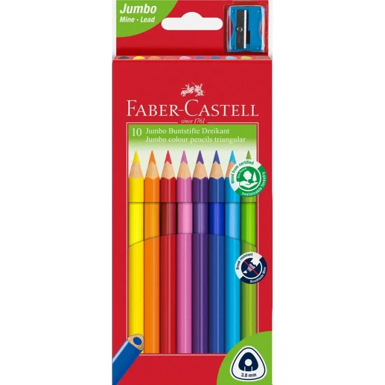 Thumbnail-Faber-Castell Jumbo Junior Pacote de 10 lápis de cor triangulares + apontador – Chumbo resistente a quebras – Lavável – Cores sortidas