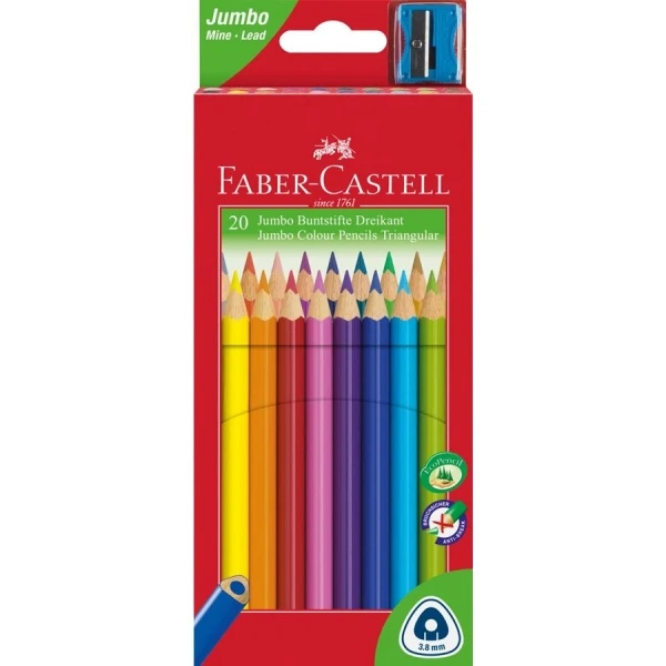 Thumbnail-Faber-Castell Jumbo Junior Pacote de 20 lápis de cor triangulares + apontador – Chumbo resistente a quebras – Lavável – Cores sortidas