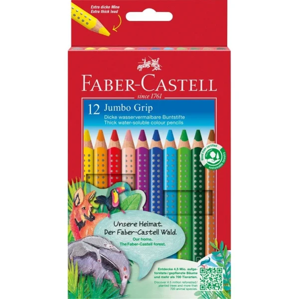 Thumbnail-Faber-Castell Jumbo Grip Pacote de 12 lápis de cor triangulares com alça – Chumbo extra grosso Jumbo – Aquarela e lavável – Cores sortidas