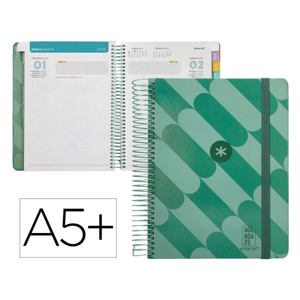 Thumbnail-Agenda encadernada antartik pattern a5+ 2025 dia pagina cor verde papel 80 gr