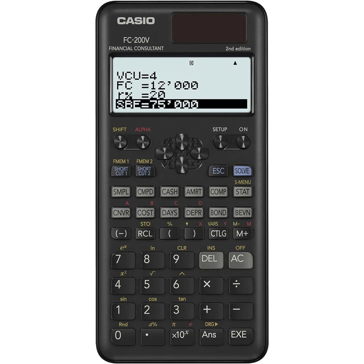 Thumbnail-Calculadora financeira Casio FC200V – Tela de 4 linhas – Exibição de vários parâmetros ao mesmo tempo – Teclas de atalho personalizáveis – Bateria e energia solar