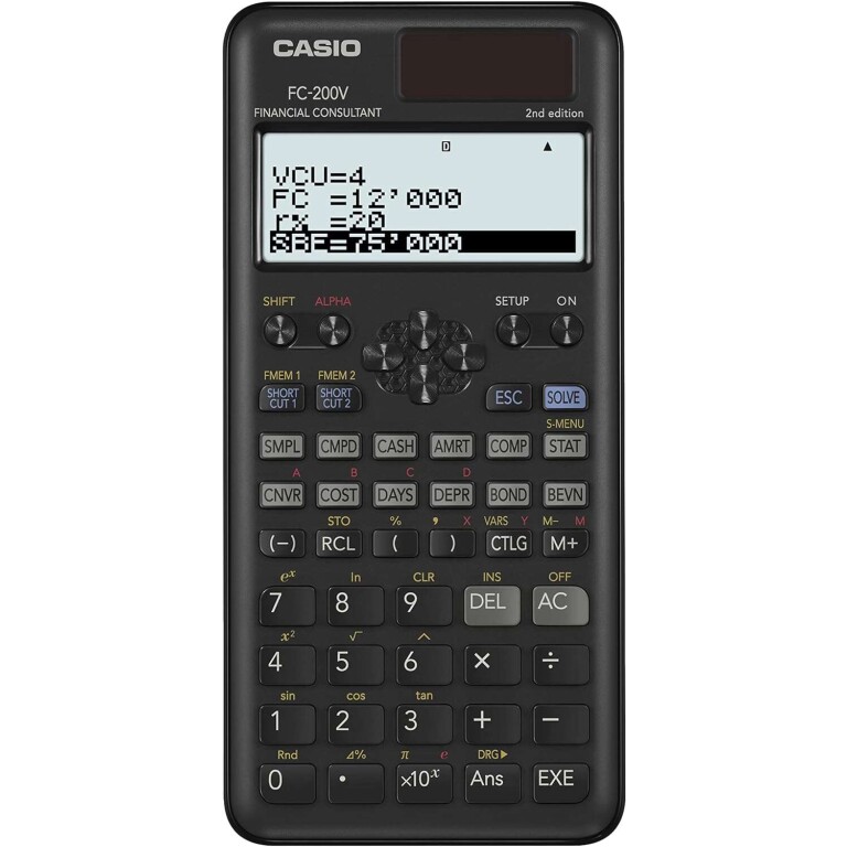 Thumbnail-Calculadora financeira Casio FC200V – Tela de 4 linhas – Exibição de vários parâmetros ao mesmo tempo – Teclas de atalho personalizáveis – Bateria e energia solar