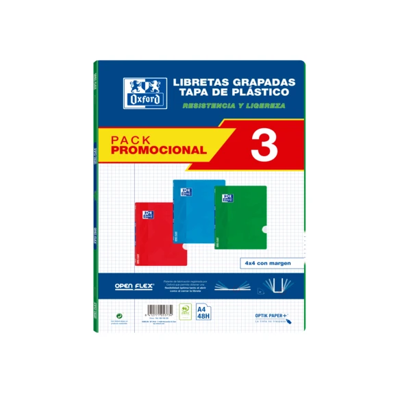 Thumbnail-Oxford School Classic Pack 3 – Caderno grampeado Openflex – Capa plástica A4 – 4×4 com margem – 48 folhas – 3 cores