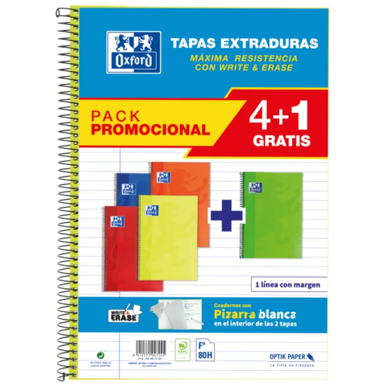 Thumbnail-Oxford School Classic Write&Erase Pack 4+1 Fº – Caderno Espiral – Capa Extra – 1 Linha com Margem – 80 Folhas – Cores Sortidas